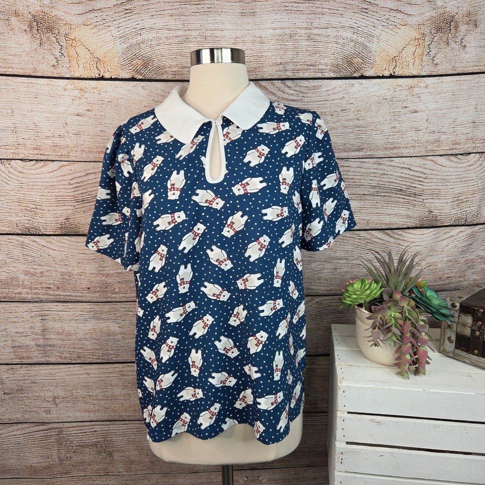 5/$25 ModCloth Navy Blue Polar Bear Polka Dot Peter Pan Collar Large Retro Top